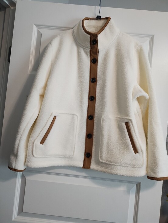 croft & barrow Jackets & Blazers - Croft & Barrow Cream Sherpa Faux Fur Button-Front Jacket with Brown Trim